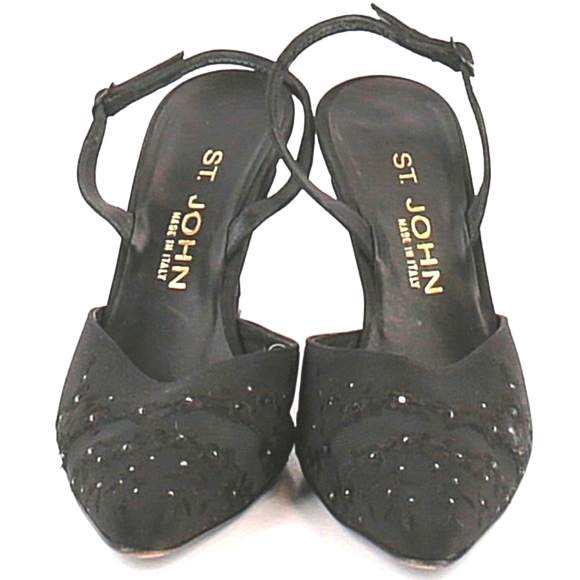 St. John Black Embellshed fabric low slingback Heels 7.5AA - Picture 2 of 10